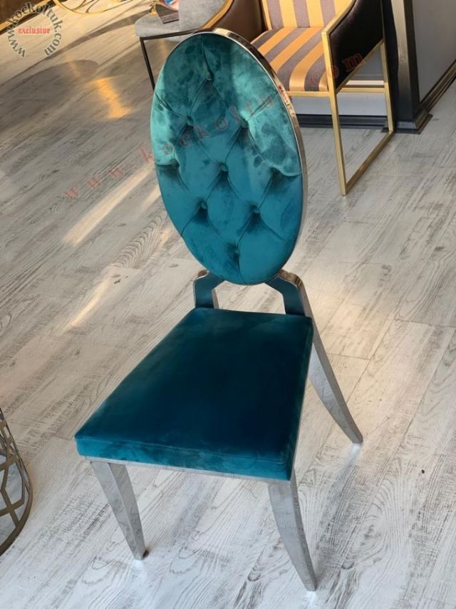 Metal Detaylı Sandalye Turkuaz Kadife Lüks Sandalye